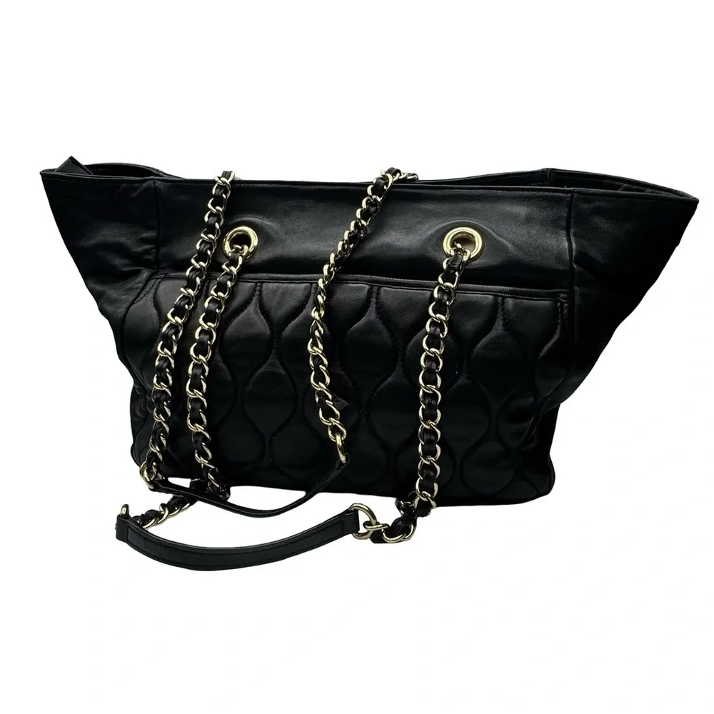 Talbots Quilted Genuine Leather Slouch Bag Tote Chain Strap Black - Picture 2 of 16